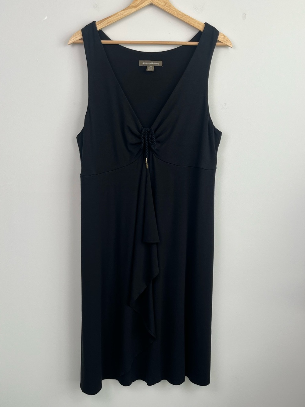 Tommy Bahama black viscose spandex sleeveless cascading ruffle overlay dress, L.